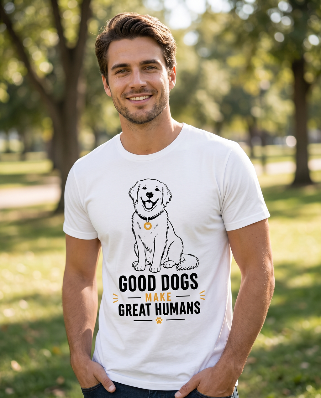 Male model wearing Good Dogs Make Great Humans t-shirt