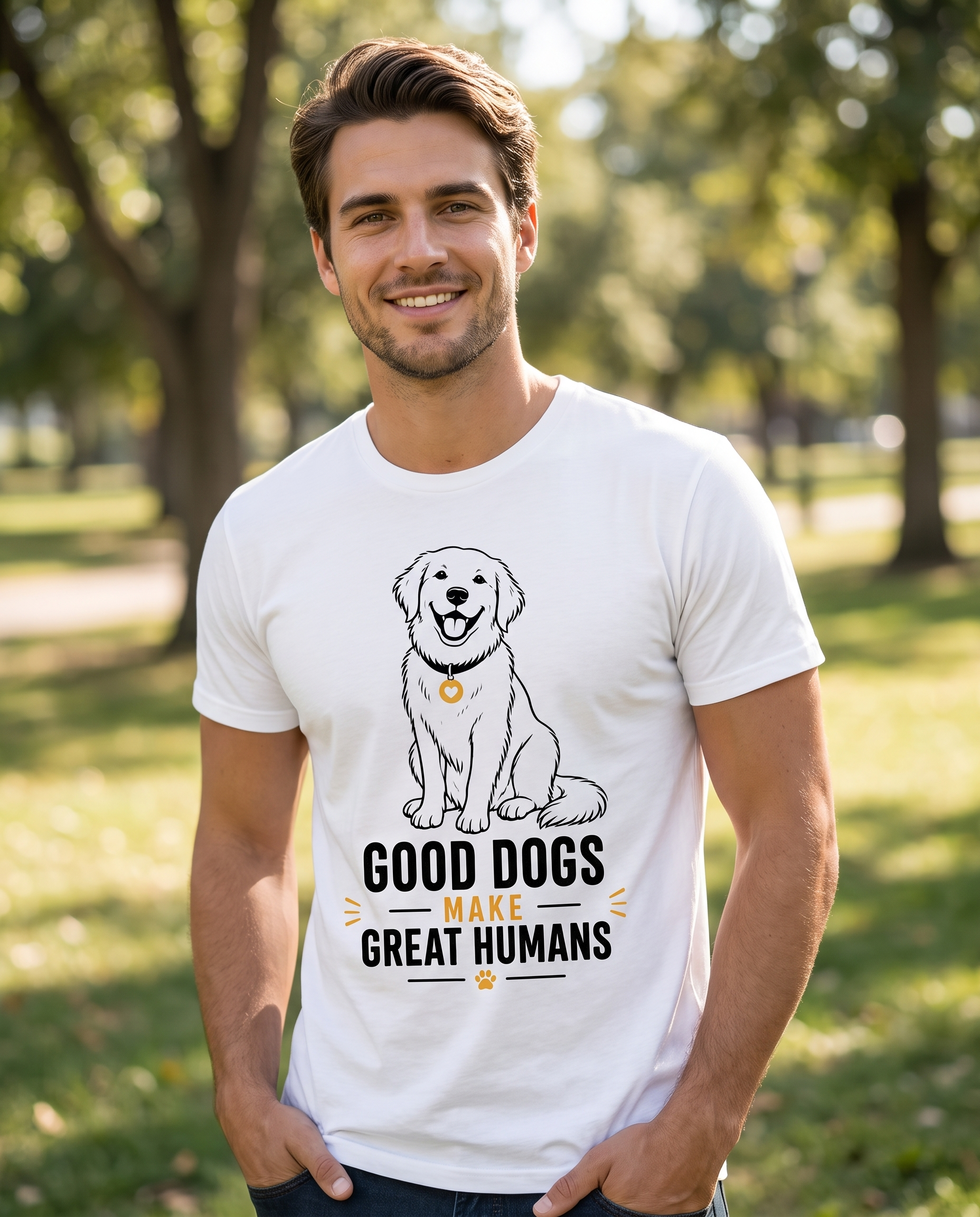 Male model wearing Good Dogs Make Great Humans t-shirt