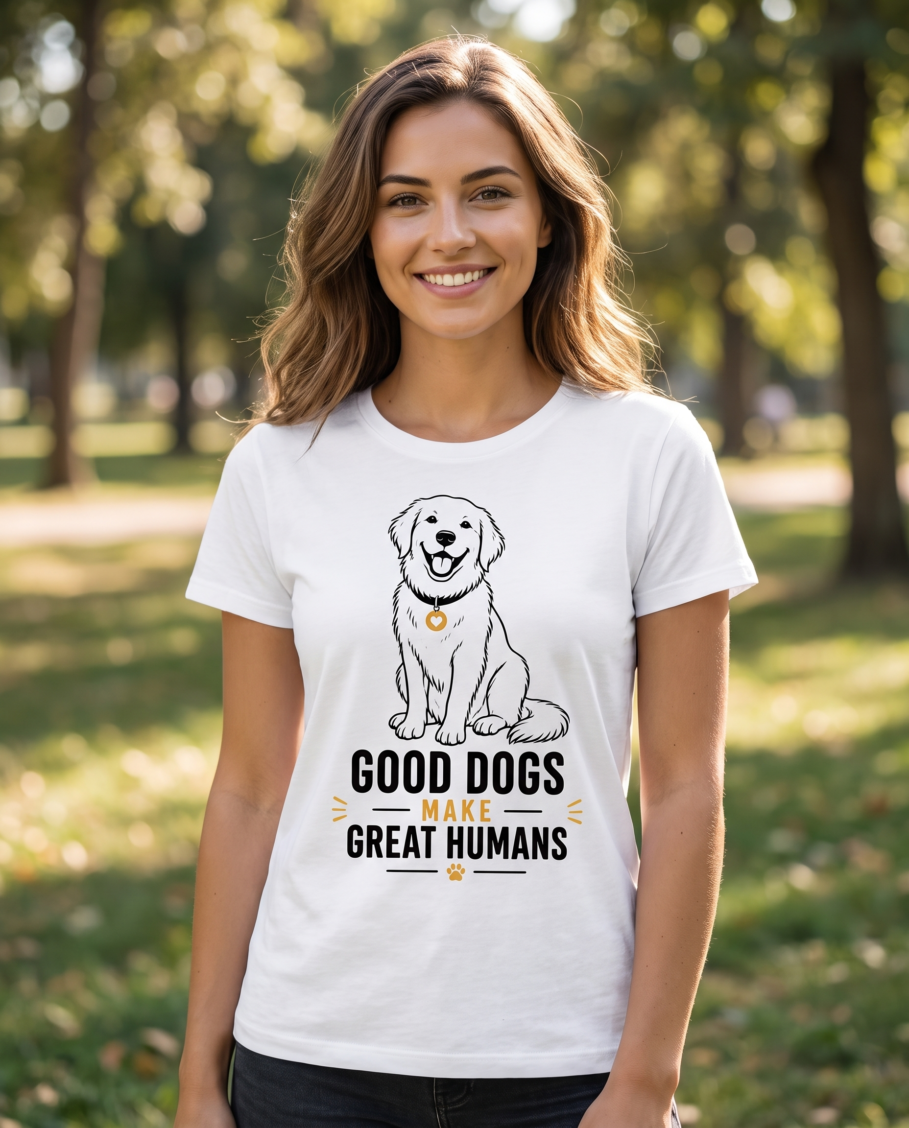 Female model wearing Good Dogs Make Great Humans t-shirt
